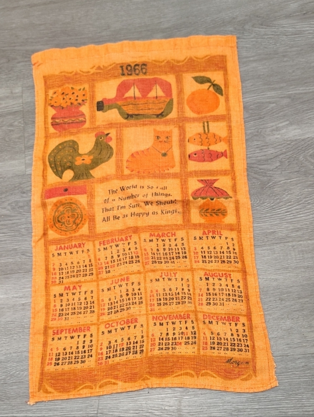 Vintage 1966 Linen Calendar Tea Towel Signed Morgan Mid Century Kitchen Decor